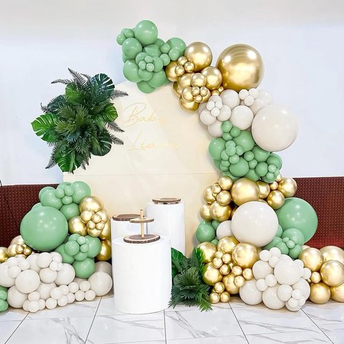 MOXMAY Green White Gold Balloon Garland Arch Kit, 160Pcs Latex Balloons Different Size Balloons 18 12 10 5 inch for Birthday Baby Shower Wedding Bridal Shower Party Decorations