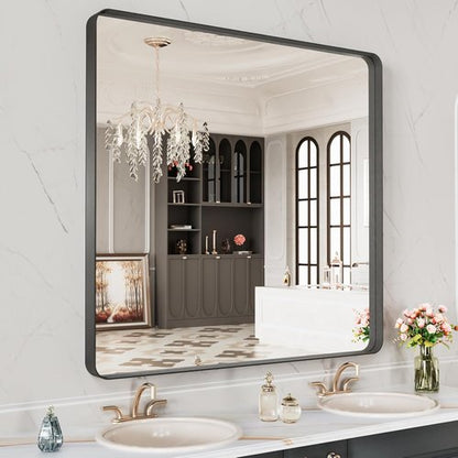LOAAO Black Metal Framed Bathroom Mirror - 28x32 Inch Matte Black Vanity Mirror, Anti-Rust, Versatile Hanging Options