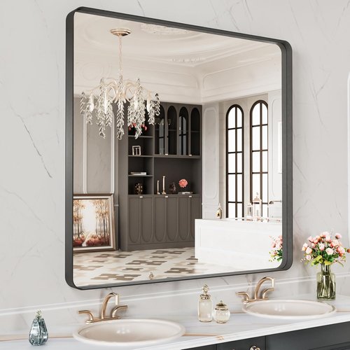 LOAAO Black Metal Framed Bathroom Mirror - 28x32 Inch Matte Black Vanity Mirror, Anti-Rust, Versatile Hanging Options