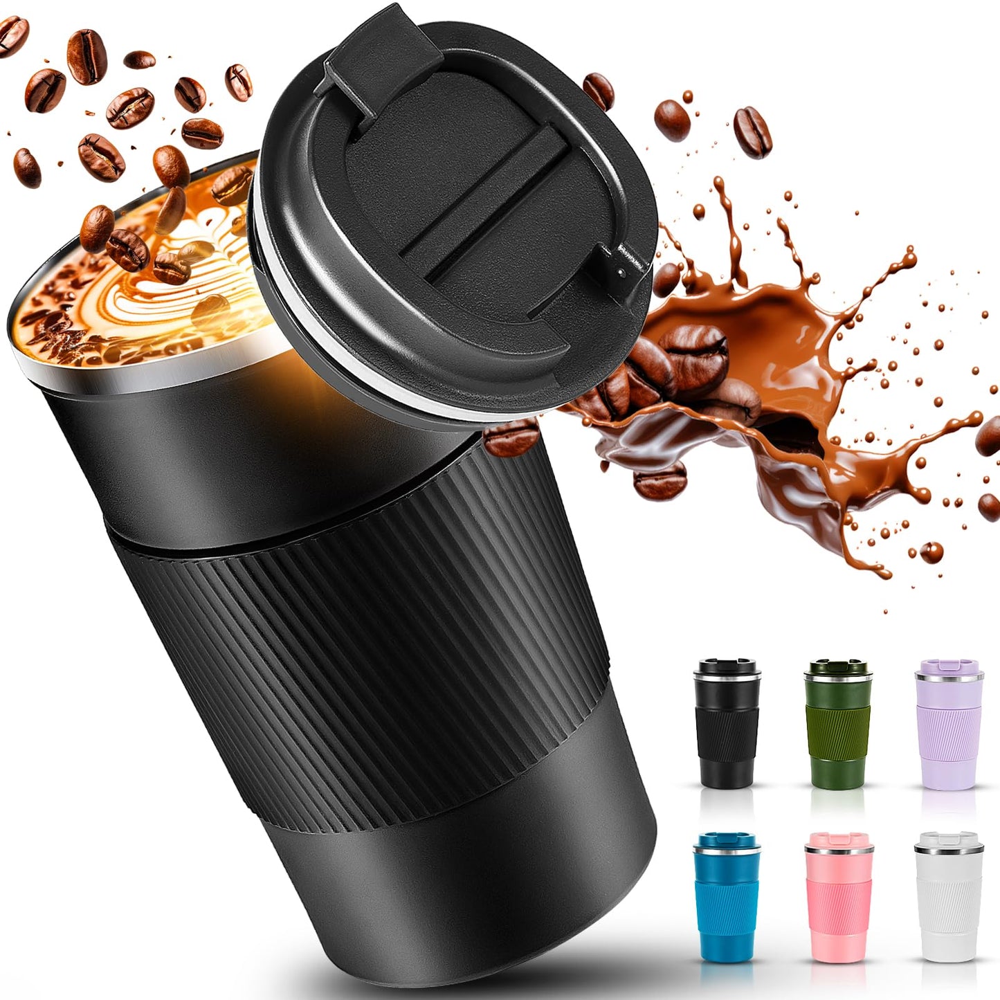 Travel Coffee Mug 16 oz, Insulated Coffee Cups with Lid, Thermos Stainless Steel Coffee Mugs Spill Proof, Double Wall Vacuum Tumbler, Reusable To Go Mug for Hot/Ice Coffee (black)