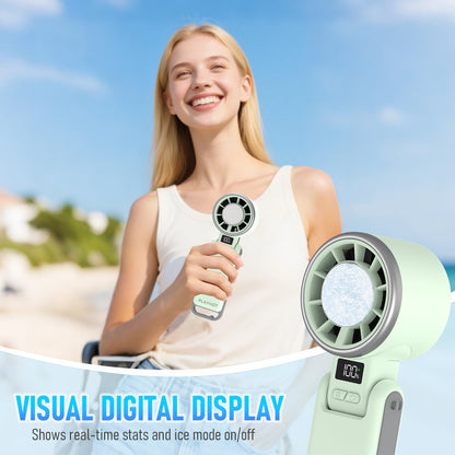 PlayHot Upgraded Portable Handheld Fan with 60°F Ice Cooling, Up tp 12Hrs Hand Held Portables Fans, 5 Speed 25550RPM Powerful Portable Fan Handheld, Hand/Neck/Desk Fan 3 IN 1(Green)