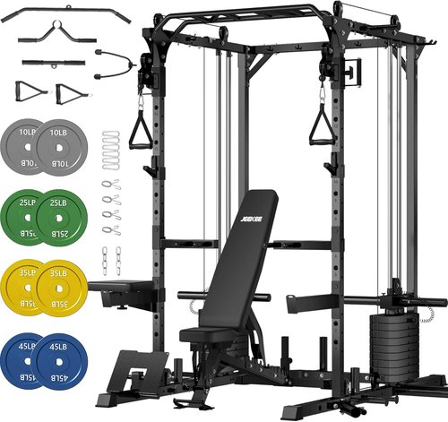 JEEKEE Power Cage - Heavy Duty 2200LB Rack with Cable Crossover & 180LB Weight Stack | 20+ Attachments for Home Gym