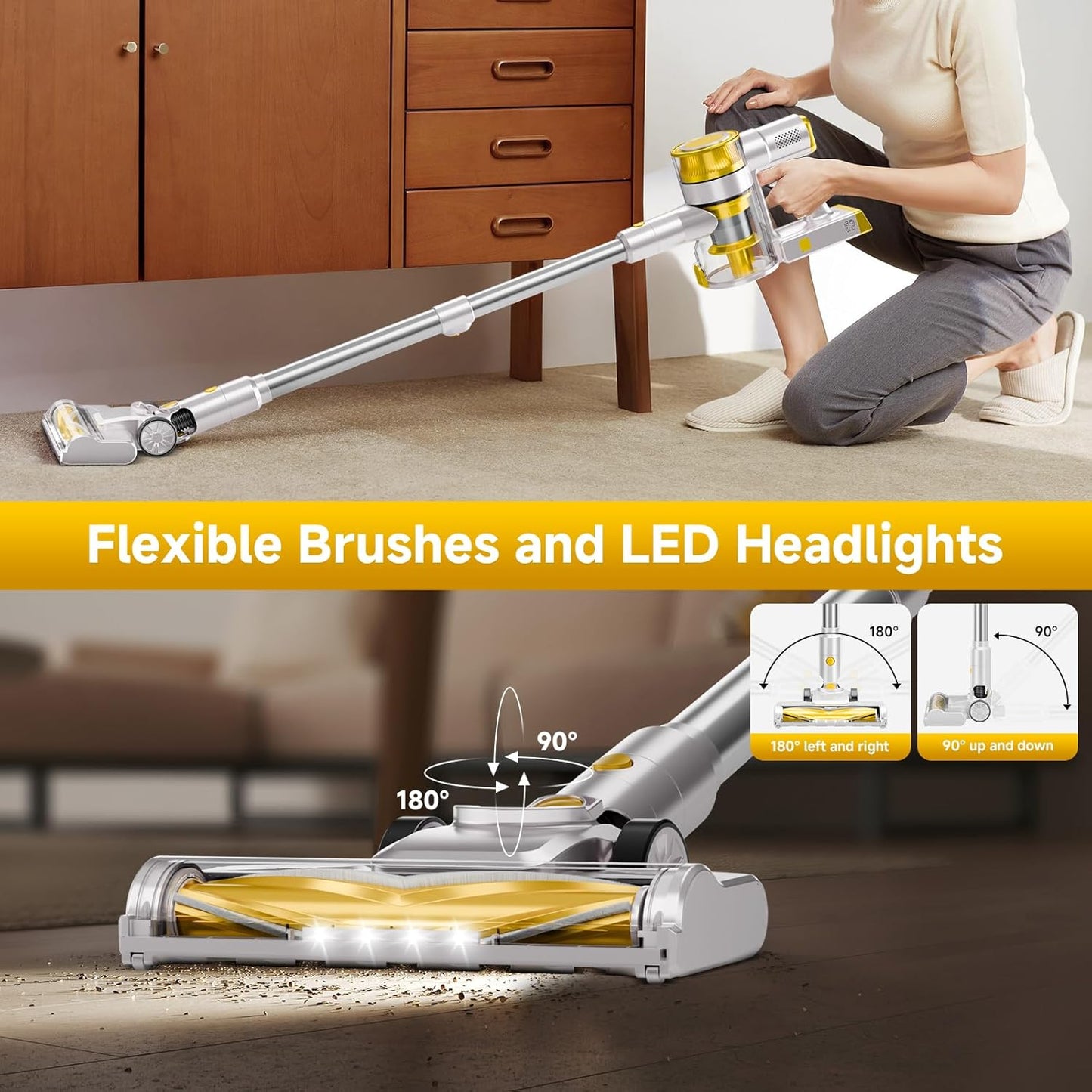 Skiennix Cordless Vacuum Cleaner - 35Kpa Powerful Suction, 45-Minute Runtime, LED Display, Anti-Tangle | Ideal for Hard Floors & Carpets (Yellow)