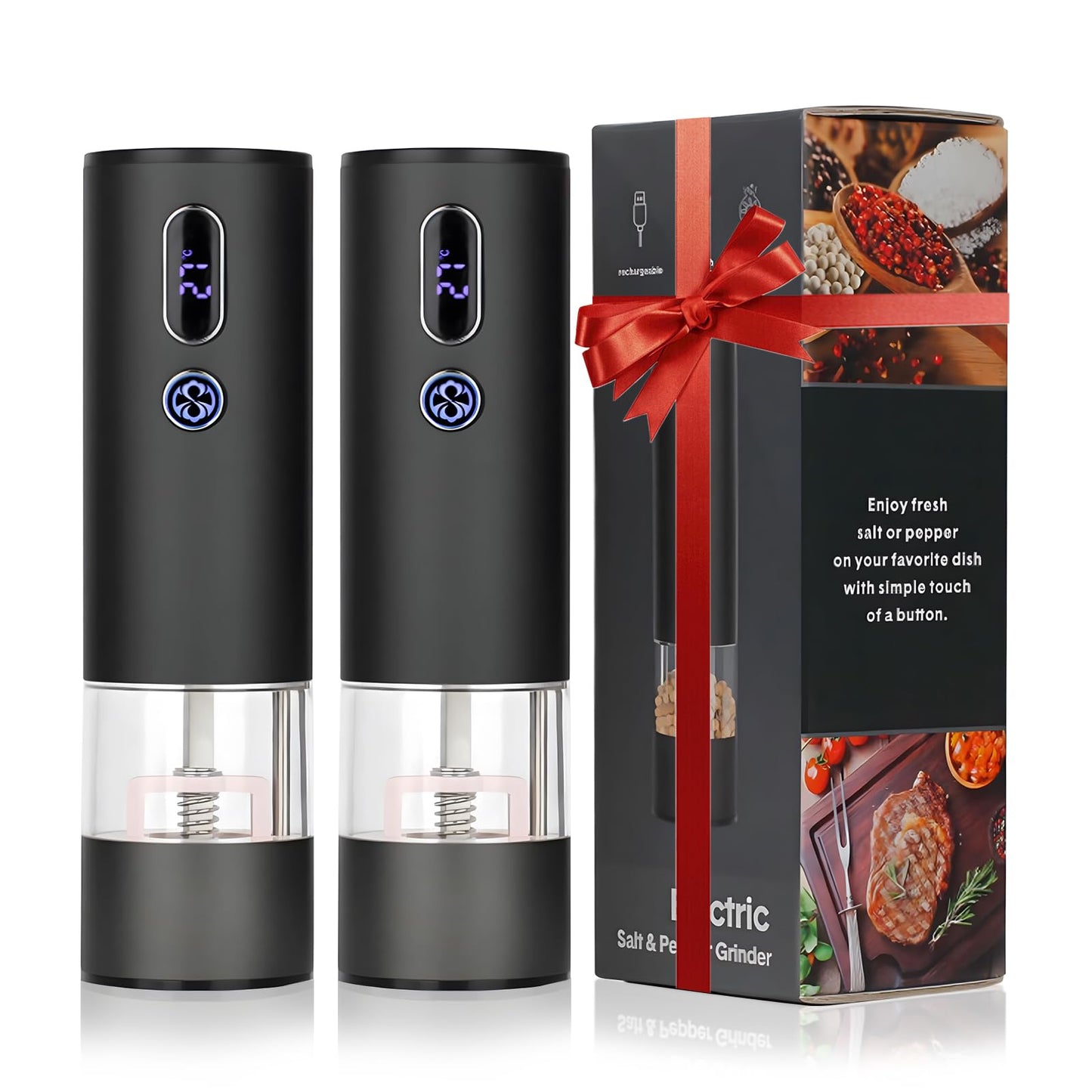 Rechargeable Electric Salt and Pepper Grinder Set with LCD Display, Adjustable Coarseness, Automatic Salt & Pepper Grinder Set for Kitchen, Aluminum Alloy Electric Pepper Mill