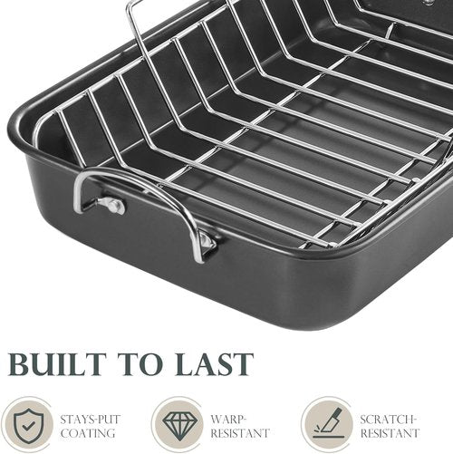 KITESSENSU Nonstick Roasting Pan - Heavy Duty Turkey Roaster with Rack | 15 x 11 Inch, Gray