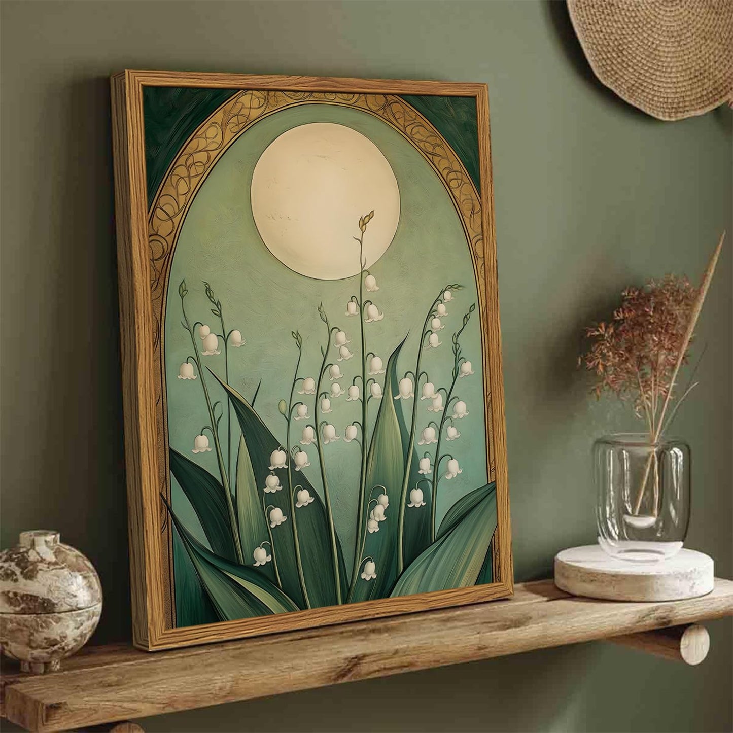 **Regine Switzerland Framed Vintage Lily of the Valley Wall Art - Moody Boho Floral Canvas Print 12x16in**