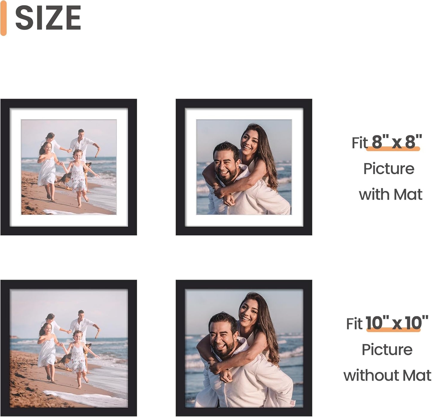 Upsimples 10x10 Picture Frame - Display 8x8 Photos with Mat or 10x10 Without | Black, 1 Pack
