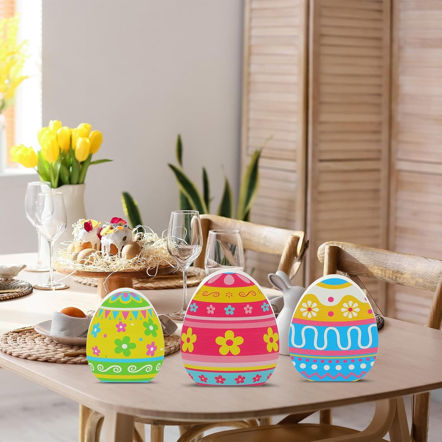 Threan Easter Egg Table Decorations - 3 Pcs Wooden Centerpiece Signs for Spring Home & Party Decor