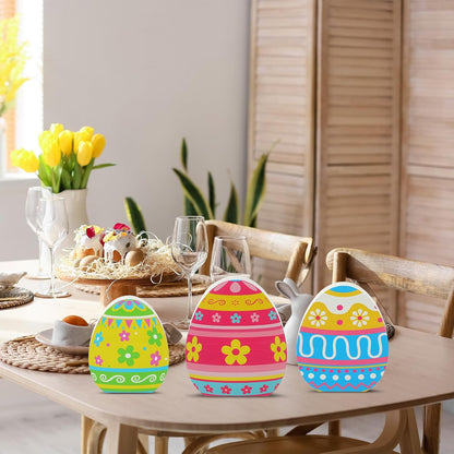 Threan Easter Egg Table Decorations - 3 Pcs Wooden Centerpiece Signs for Spring Home & Party Decor