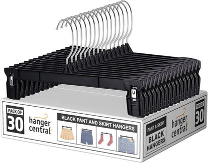 Hanger Central 30 Pack Pants Hangers - Heavy Duty Non-Slip Clips for Skirts & Pants - 10 Inch Black