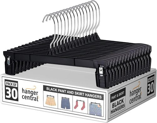 Hanger Central 30 Pack Pants Hangers - Heavy Duty Non-Slip Clips for Skirts & Pants - 10 Inch Black
