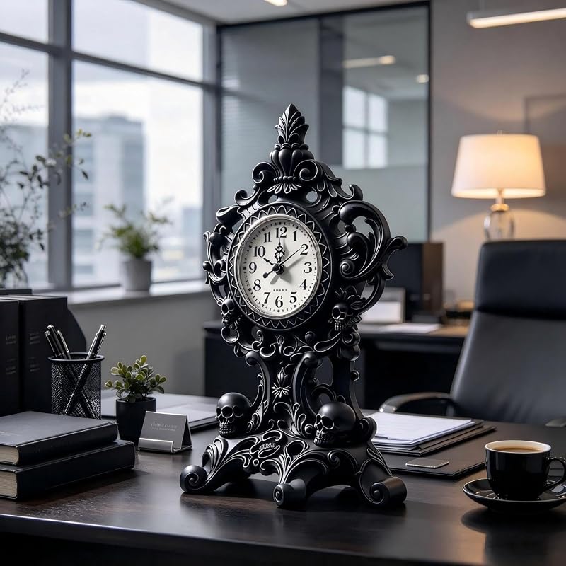 Halloween Skull Wall Clock - Resin Skeleton Tabletop Clock, Black Variant