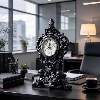 Halloween Skull Wall Clock - Resin Skeleton Tabletop Clock, Black Variant