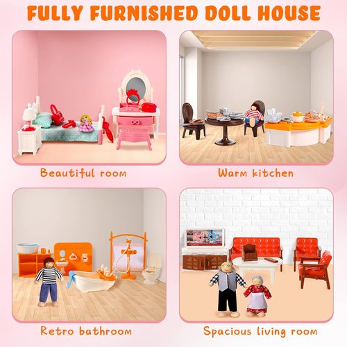 HyDren 83-Piece Wooden Dollhouse Furniture Set - Includes 8 Flexible Dolls for 5 Rooms | Perfect Gift for Toddlers