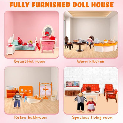 HyDren 83-Piece Wooden Dollhouse Furniture Set - Includes 8 Flexible Dolls for 5 Rooms | Perfect Gift for Toddlers