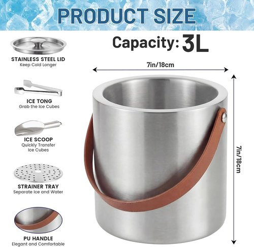 Loungewave Ice Bucket with Lid, 3L Double Wall Insulated Ice Bucket with Scoop, Tong, Strainer and Leather Handle, Ice Container to Keep Ice Frozen Longer, Ideal for Cocktail Bar, Parties