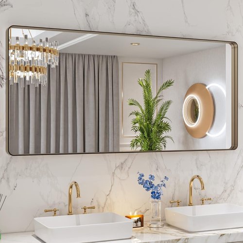 LOAAO Bronze Bathroom Mirror - 60”x28” Rounded Rectangle with Anti-Rust Brushed Metal Frame | Versatile Hanging Options
