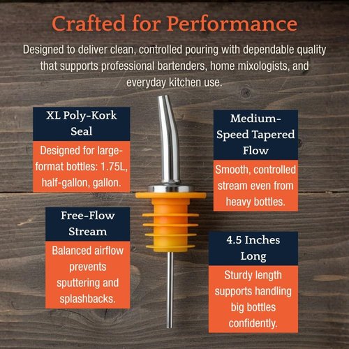 Liquor Pour Spouts with Dust Caps for Wide Neck Bottles Requiring XL Corks, 4-Pack, Free Flow for Accurate Shots, Leakproof, No Drip Flow Control, Whiskey Vodka Tequila, Home & Bartender Use, USA Made