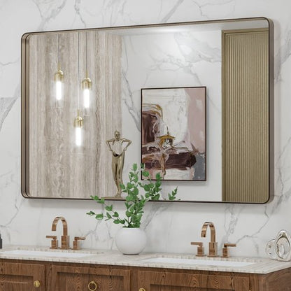 LOAAO 48”X30” Bronze Bathroom Mirrors for Vanity, Rounded Rectangle Brushed Bronze Metal Frame Mirror, Anti-Rust, Tempered Glass, Hangs Horizontally or Vertically