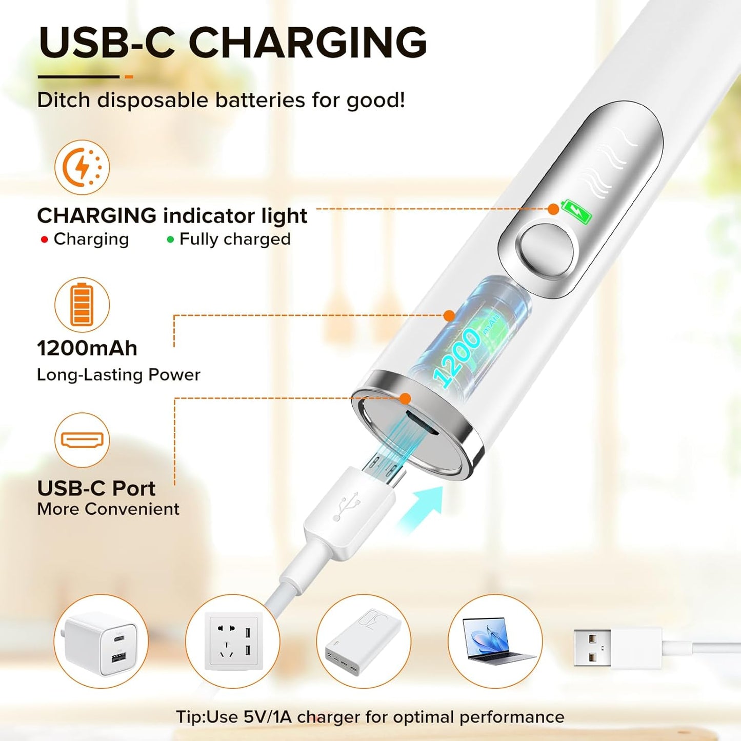 Skiennix Handheld Milk Frother - 3-Speed USB-C Rechargeable Wand with 3 Detachable Whisks | Perfect for Coffee, Latte, Cappuccino, Matcha & More (White)