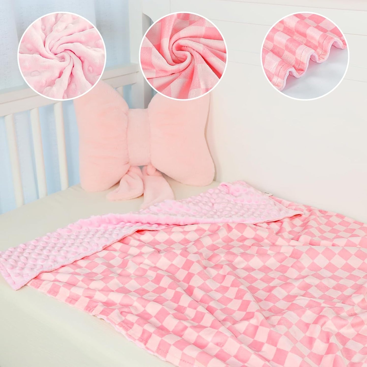Skiennix Baby Blanket - Double Layer Toddler Crib Blanket with Dotted Backing | Pink Checkered, 30x40 Inches