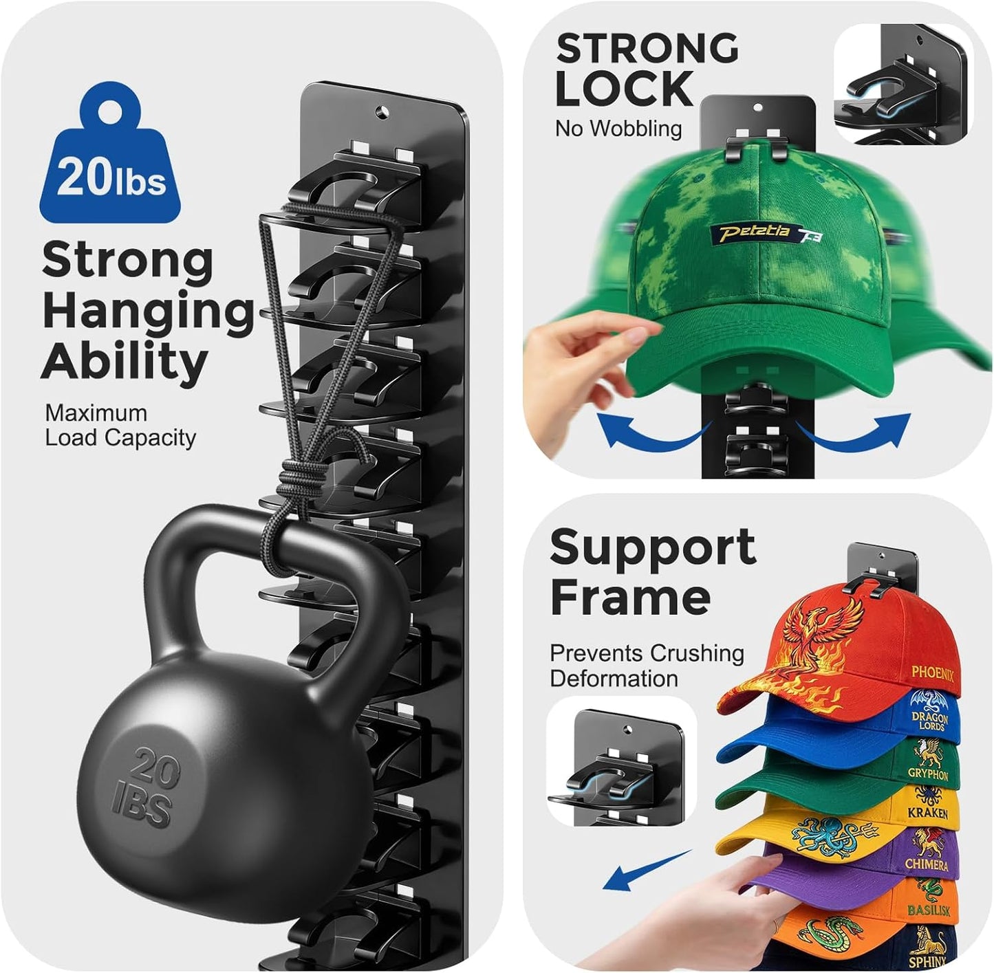 Skiennix Hat Hook Organizer - 2 Pack Baseball Cap Hanger with Strong Adhesive | Multilayer Storage for 20 Caps - Black