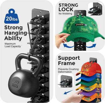 Skiennix Hat Hook Organizer - 2 Pack Baseball Cap Hanger with Strong Adhesive | Multilayer Storage for 20 Caps - Black