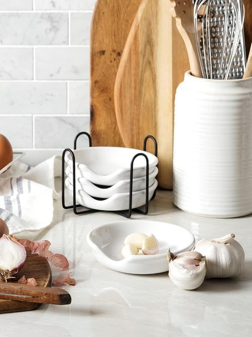 LE TAUCI Ceramic Spoon Rest - 4.8 Inches Utensil Holder for Kitchen Counter | Set of 4, White