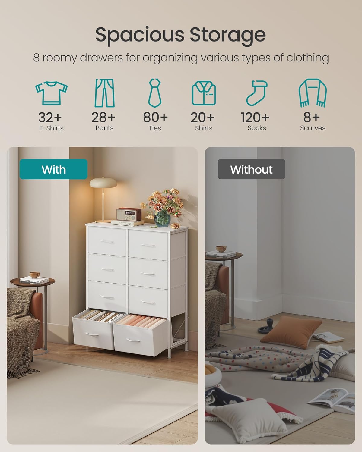 SONGMICS Dresser - 8-Drawer Storage Organizer Unit in Cloud White & Snow White | Stylish Bedroom Chest