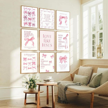 Coquette Pink Bow Wall Art - Inspirational Bible Verses Canvas Prints | 8x10 Unframed Decor for Teen Girls