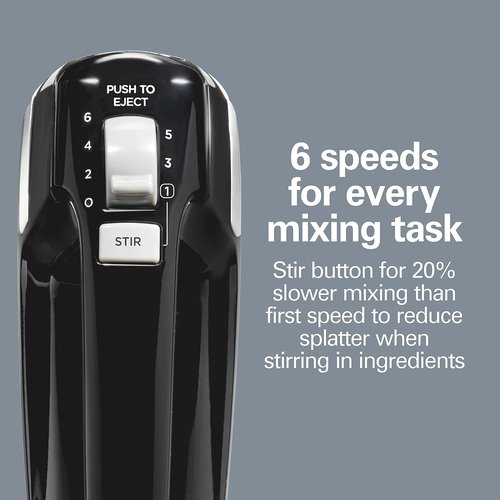 Hamilton Beach Electric Hand Mixer - 6 Speeds with Stir Button | 300W Power, Whisk & Storage Clip, Black