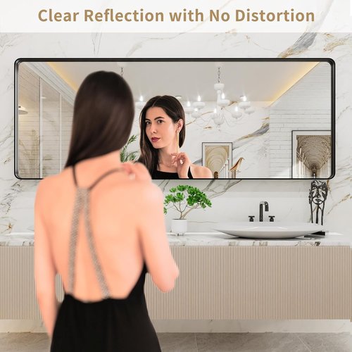 LOAAO Black Metal Framed Bathroom Mirror - Large 84x32 Inch Rounded Rectangle, Anti-Rust Tempered Glass