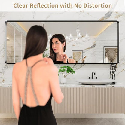 LOAAO Black Metal Framed Bathroom Mirror - Large 84x32 Inch Rounded Rectangle, Anti-Rust Tempered Glass