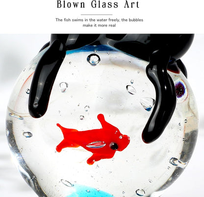 QFkris Blown Glass Black Cat Figurine - 1.6" Mini Glass Animal Sculpture | Unique Home Decor Gift for Cat Lovers