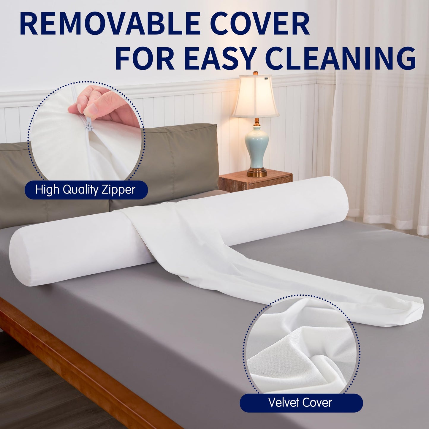 SyMax 7.8"x60" Body Pillow for Queen Bed, Memory Foam Bolster w/Removable Velvet Cover, Headboard Gap Filler Pillow, White