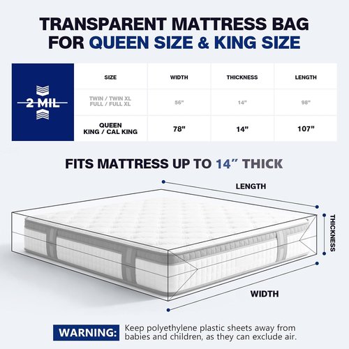 Mattress Bags - 2 Pack Heavy Duty Waterproof & Tear-Resistant Covers for King/Queen Size - 107" x 78" x 14"