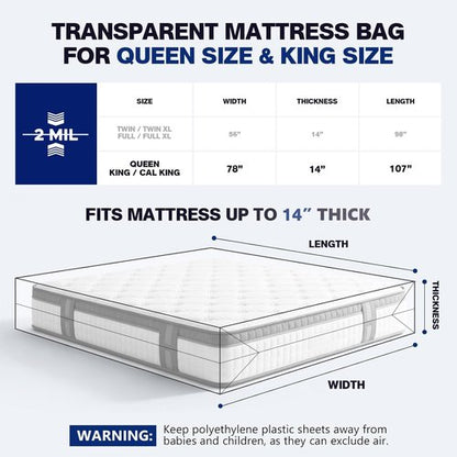 Mattress Bags - 2 Pack Heavy Duty Waterproof & Tear-Resistant Covers for King/Queen Size - 107" x 78" x 14"