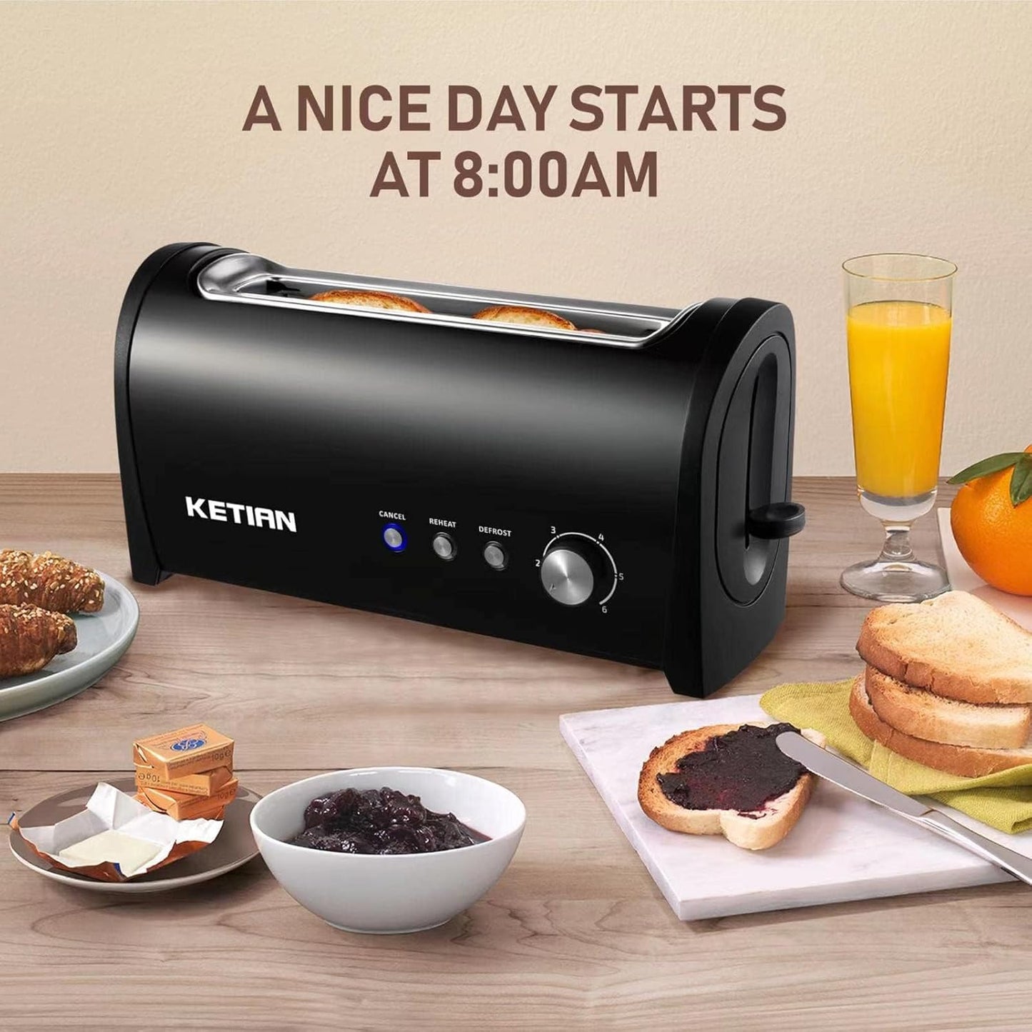 Regine Switzerland Long Slot Toaster - 2 Slice with 6 Browning Settings & Removable Crumb Tray | Black Stainless Steel
