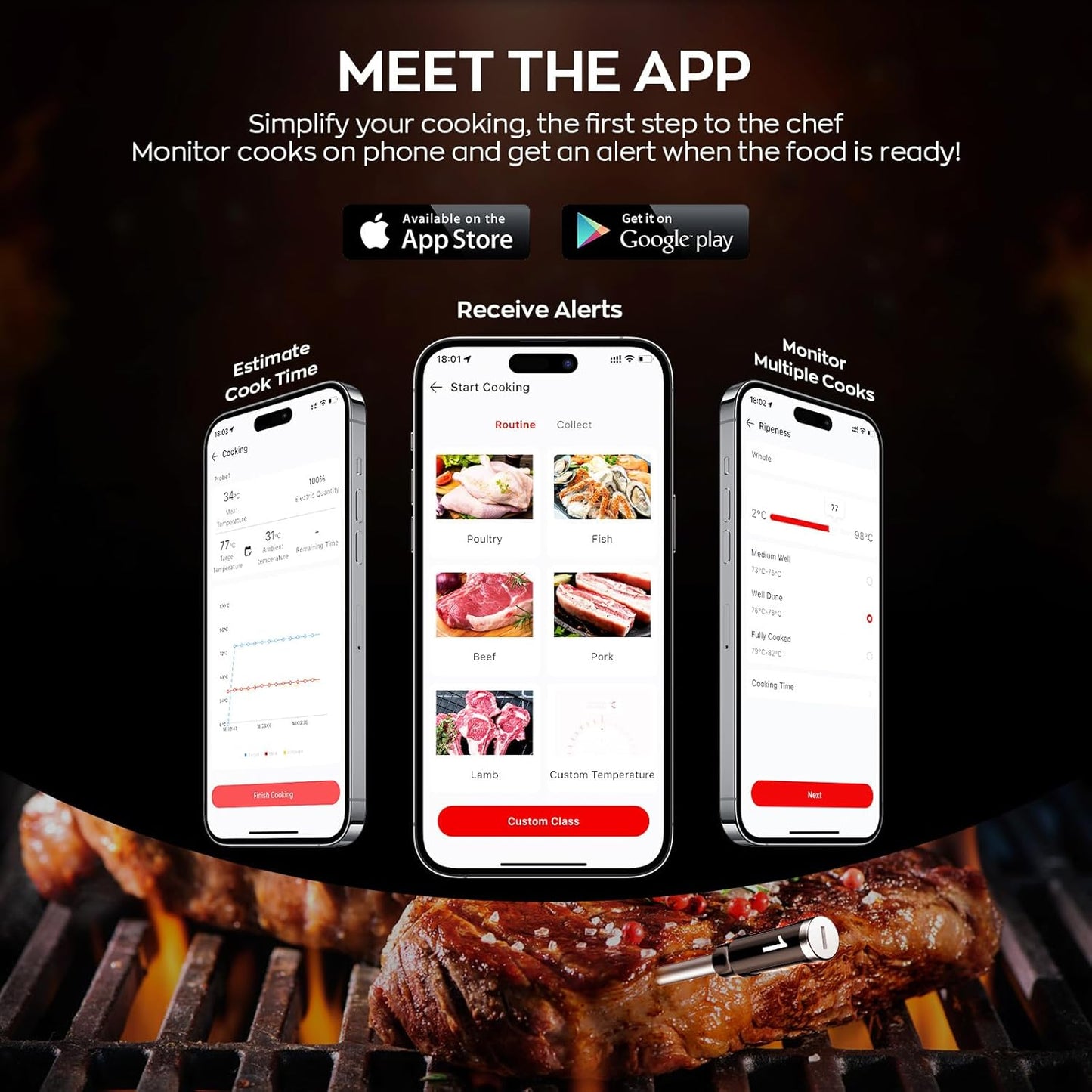 Skiennix Smart Wireless Meat Thermometer - Dual Probes, Bluetooth & WiFi, High Precision for BBQ & Grill