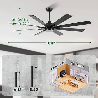 CJOY 84-Inch Low Profile Ceiling Fan - Black Flush Mount with Remote & 8-Blade Reversible DC Motor