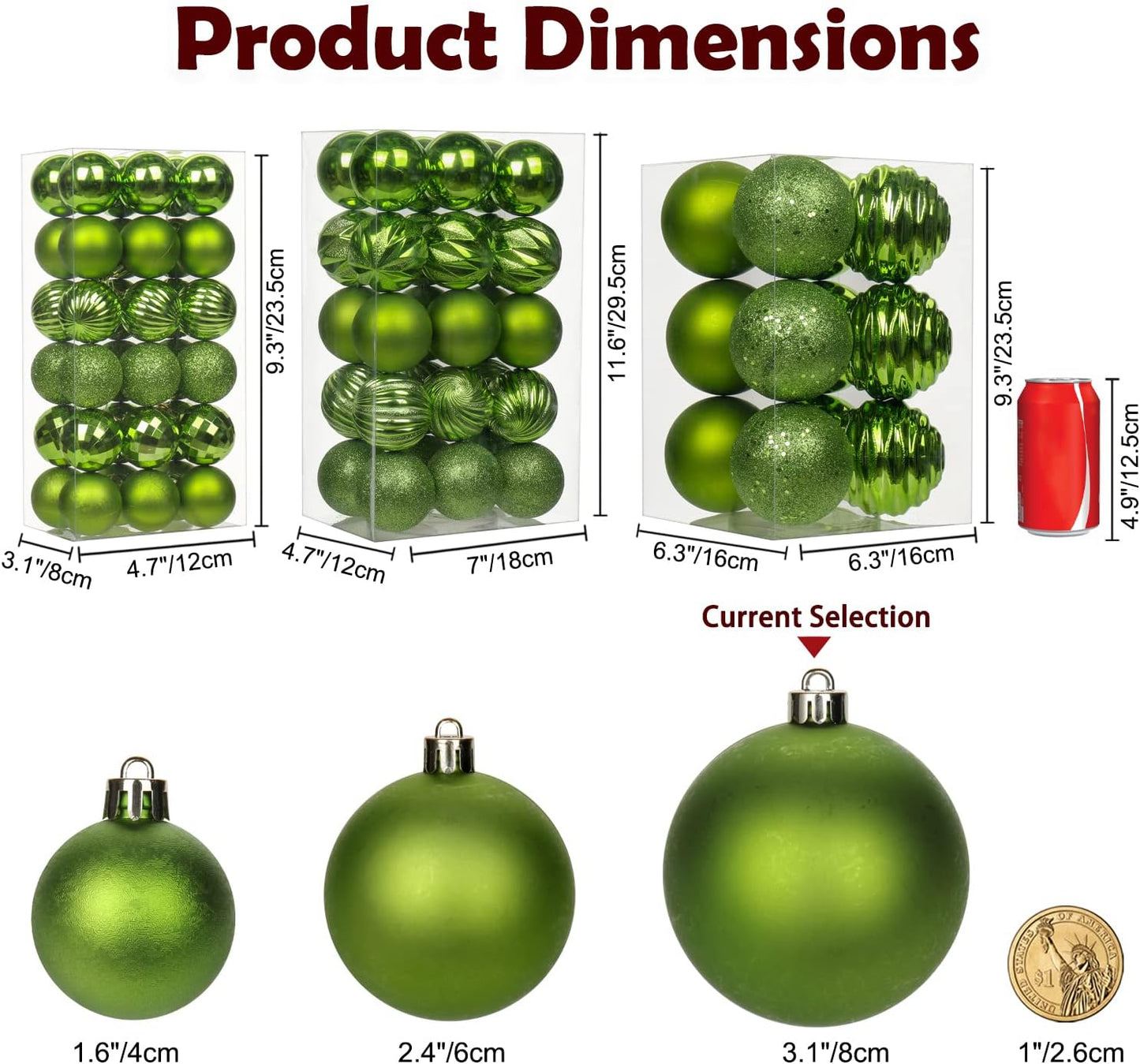 Skiennix 12-Piece Green Shatterproof Christmas Ball Ornaments - Medium Tree Decorations for Holiday Decor