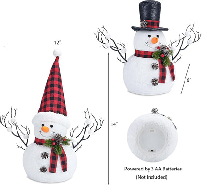 Skiennix Christmas Table Decorations - 14" Lighted Plush Snowmen & Trees | Battery Operated Ornaments