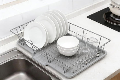Skiennix Dish Drying Rack - Stainless Steel Kitchen Organizer with Cutlery Holder | 12''W x 15.5''L, Silver