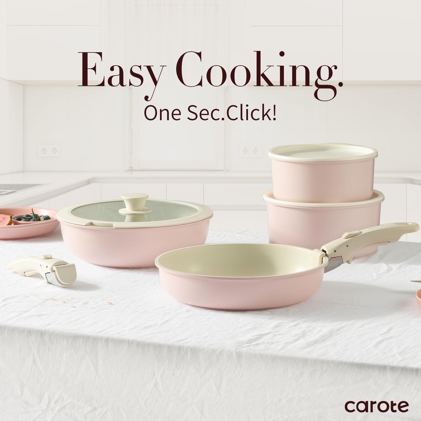 CAROTE 11pcs Pots and Pans Set, Nonstick Cookware Sets Detachable Handle, Induction Kitchen Cookware Set Non Stick with Removable Handle, Oven Safe, RV Cookware Set, Pink Granite