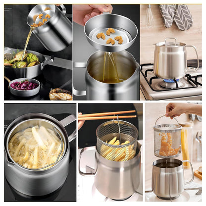 Rose and Teddy Stainless Steel Fryer, 53/70oz Large Capacity 2 in 1 Oil Strainer Pot, 304 Stainless Steel Fryer and Oil Filter with Strainer for Kitchen Storing Cooking (2L/70oz)