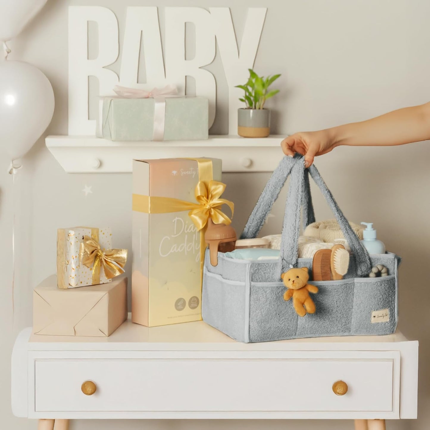 Sweety Fox Baby Diaper Caddy Organizer - Portable Sherpa Nursery Basket in Grey | Perfect for Baby Showers