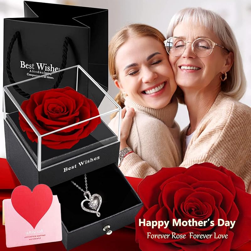 Forever Red Preserved Rose Gift Box with Necklace – Eternal Real Rose for Girlfriend, Wife, Mom
