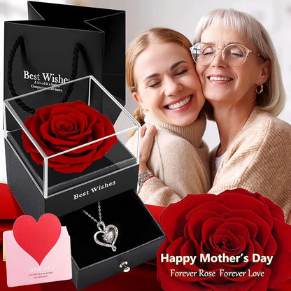 Forever Red Preserved Rose Gift Box with Necklace – Eternal Real Rose for Girlfriend, Wife, Mom