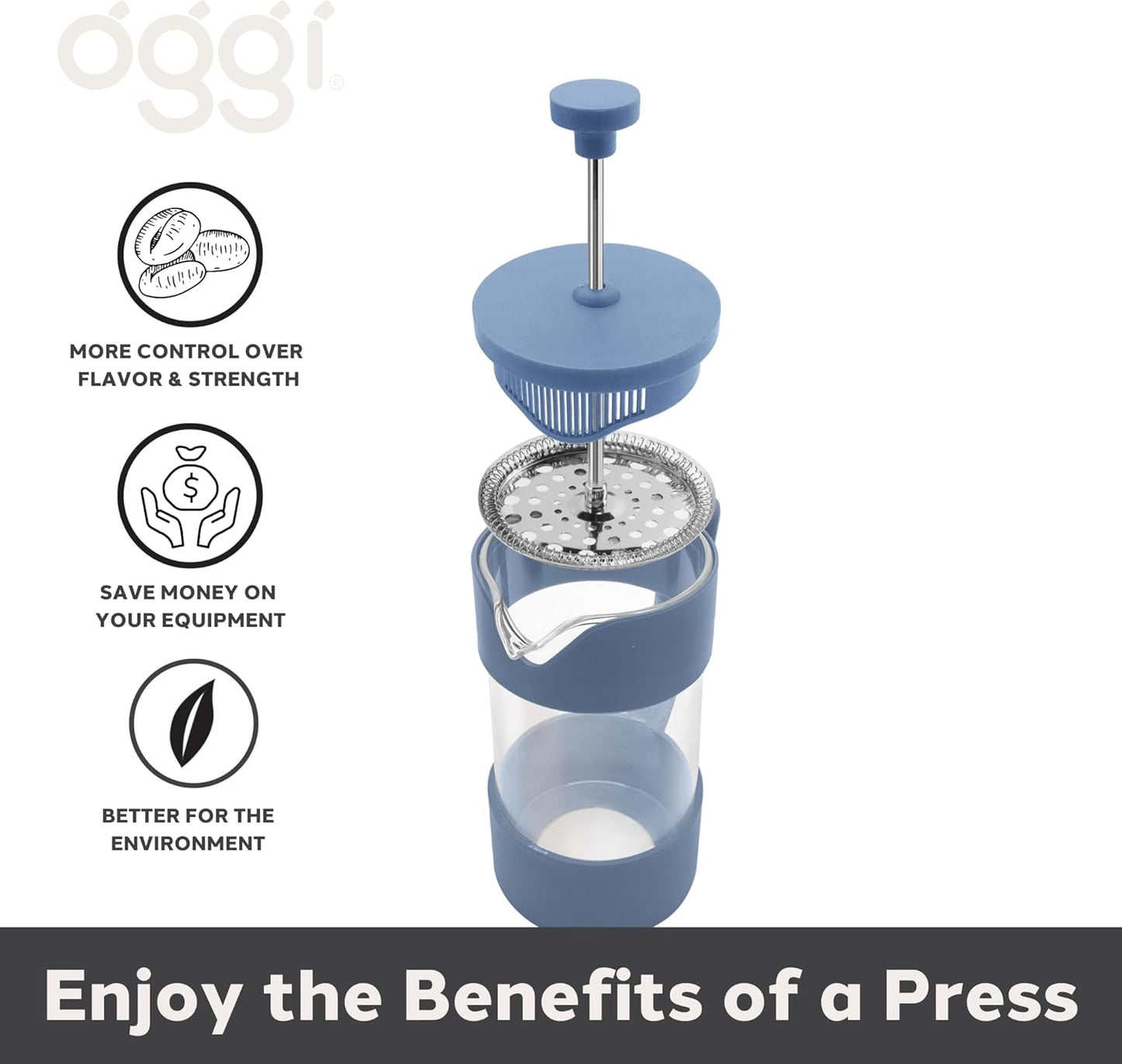Oggi French Press Coffee Maker (12oz)- Borosilicate Glass, Coffee Press, Single Cup French Press, 3 cup Capacity, Blue