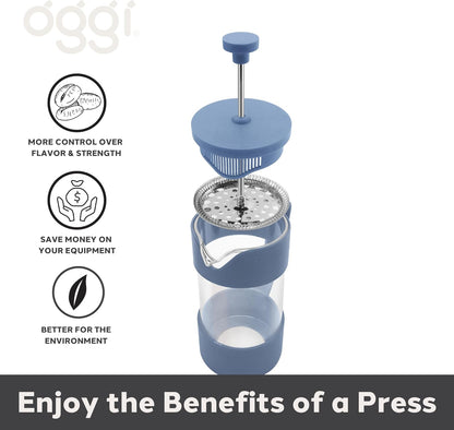 Oggi French Press Coffee Maker (12oz)- Borosilicate Glass, Coffee Press, Single Cup French Press, 3 cup Capacity, Blue